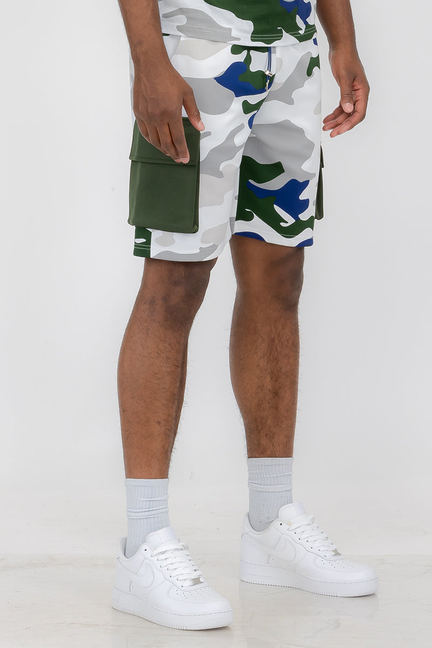 White full camo toggle shorts with green and blue pattern, drawstring waist, side pockets