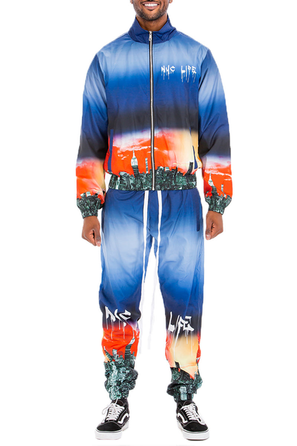 NYC Life windbreak suit with hood, full-zip jacket and matching pants, blue and orange print