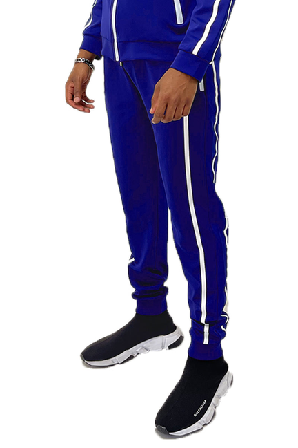 Royal blue tape joggers with white side stripes and ribbed ankle cuffs