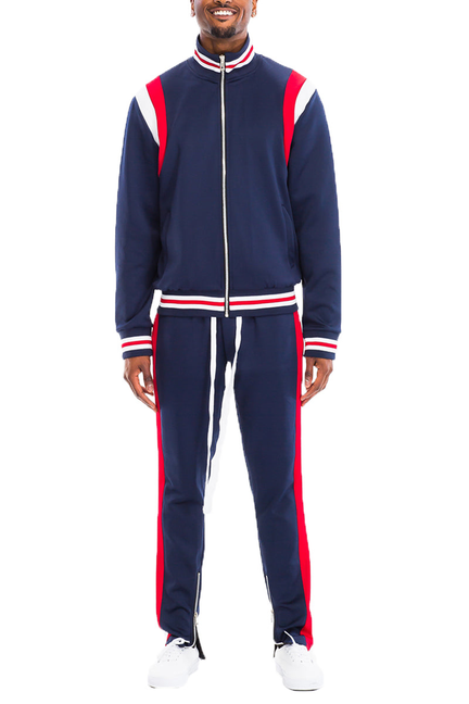 Navy track suit set with zip front jacket and red side stripe panels