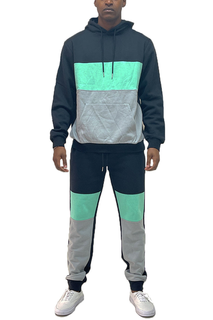 Men's two-piece sweatshirt set, dark hoodie with mint panel and matching joggers