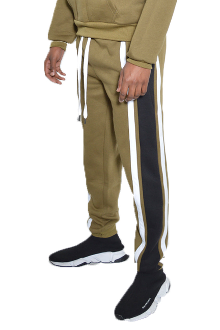 Olive cotton sweat pants with white drawstring and side stripes