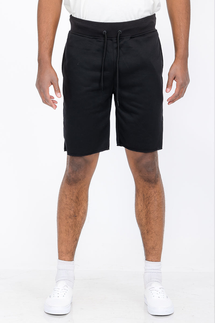 Black raw-edge sweat shorts with drawstring waistband and side pockets