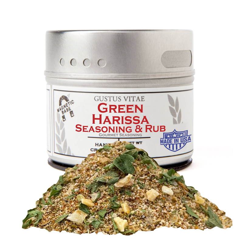 Green harissa seasoning & rub jar with green herb and spice blend pile