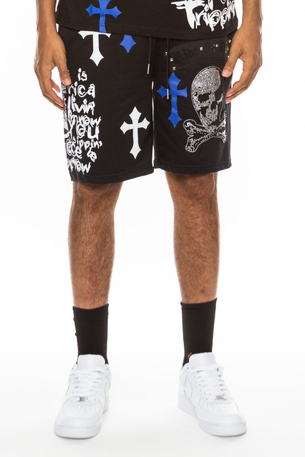 Black drawstring shorts with bejeweled chrome skull graphic and blue cross details