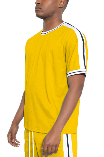 Yellow short-sleeve T-shirt with white-and-black side stripe detail