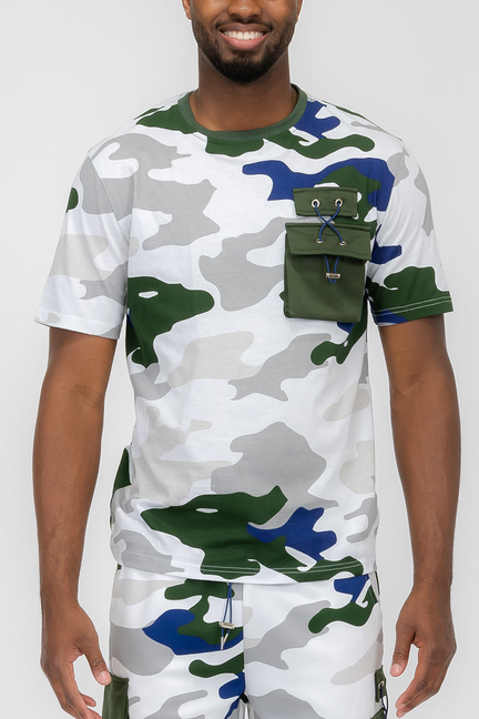 Men's camo toggle T-shirt with chest pocket, white with green and blue camouflage