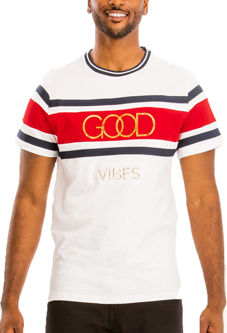 White striped Good Vibes T-shirt with red and navy bands and yellow text graphic