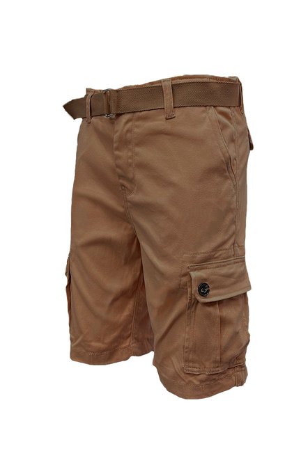 Mocha belted cargo shorts with drawstring waist, front pockets, cargo flap pocket