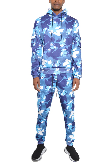 Blue camo pullover hoodie and matching jogger pants set