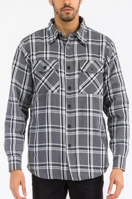 Quilted flannel plaid button-up shirt with chest flap pockets, grey and black check