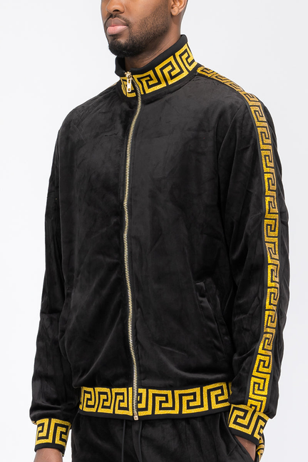 Black velour track jacket with gold Greek-key trim, full-zip stand collar, long sleeves