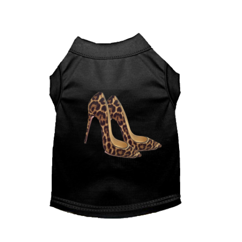 Black sleeveless dress top with leopard high-heel graphic