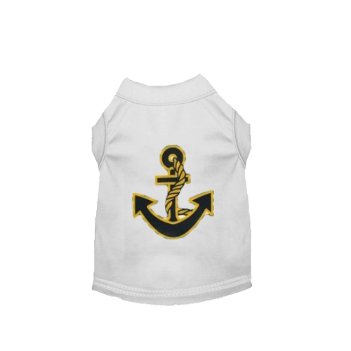 White dog tank top with yellow-and-navy anchor graphic on back