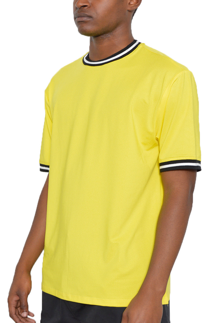 Yellow micromesh jersey tee with crew neck and striped collar and sleeve cuffs
