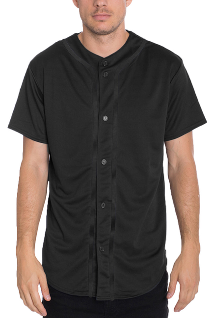 Black classic baseball jersey with short sleeves and button front placket