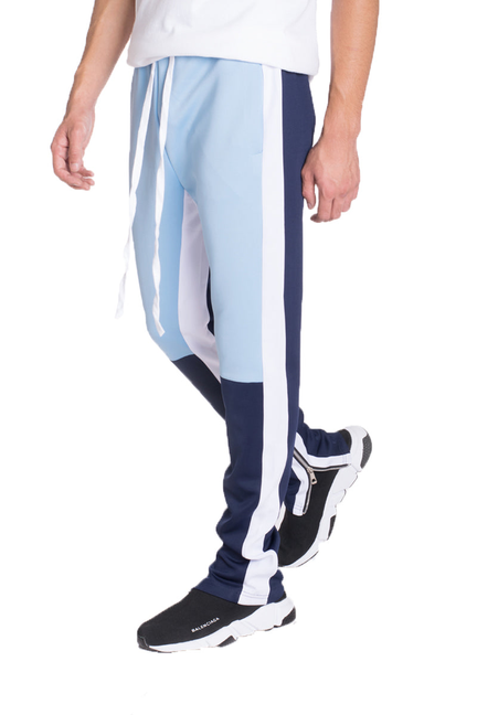 Jordan color block track pants in light blue and navy with striped side panels