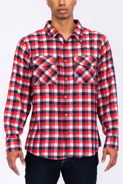 Men's red, black, and white plaid flannel shirt with button front and chest pockets