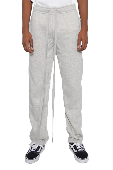 Light gray cotton fleece sweatpants with drawstring waist and tapered legs