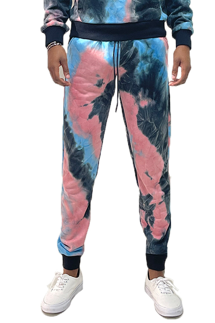 Tie-dye sweatpants with drawstring, pink and blue blotch pattern, ribbed cuffs