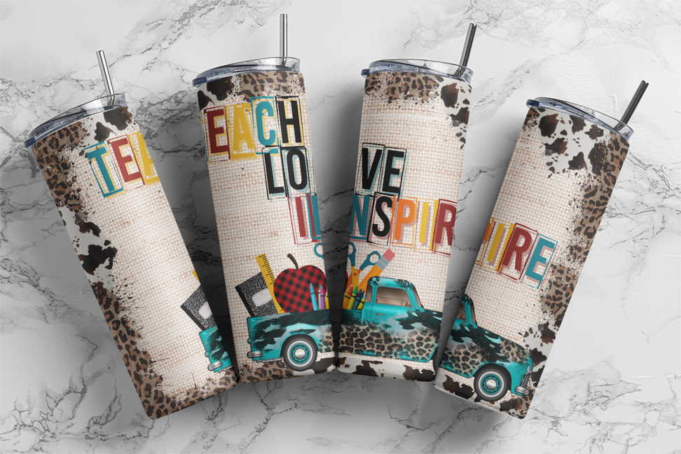 Stainless steel tumbler set with speckled print, colorful letters, and straws