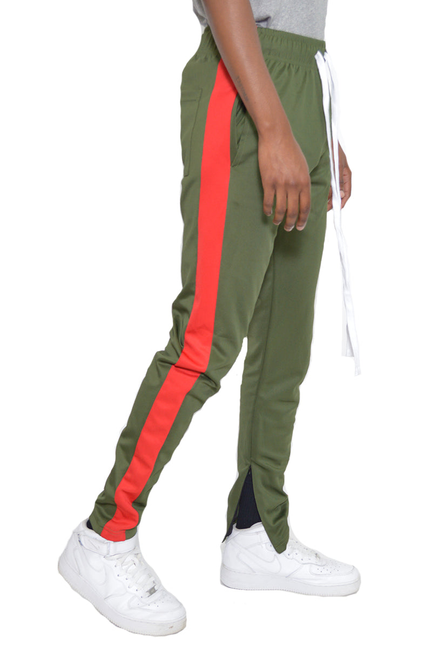Slim-fit track pants in olive green with red side stripe and drawstring waist