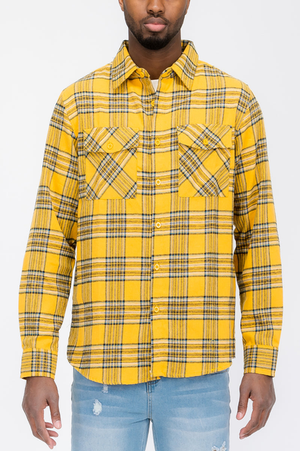 Men's flannel button-up shirt in yellow and blue plaid, long sleeves, chest pockets