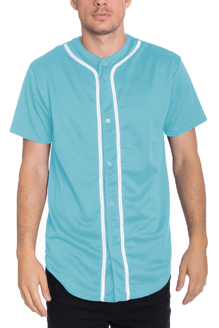 Turquoise baseball jersey with white trim and button placket