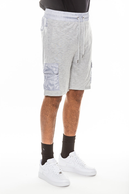 Lightweight slub shorts in grey with elastic waistband and drawstring, side cargo pocket