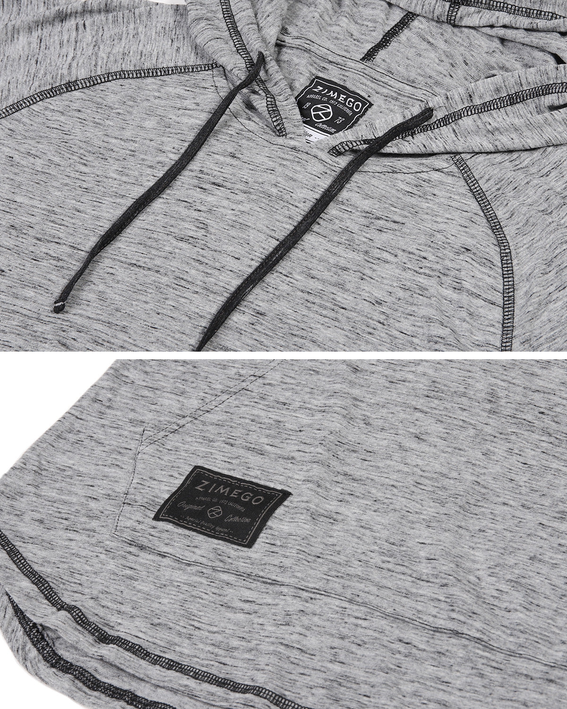 Men's short-sleeve raglan hoodie close-up, ZIMEGO logo patch on heather gray fabric