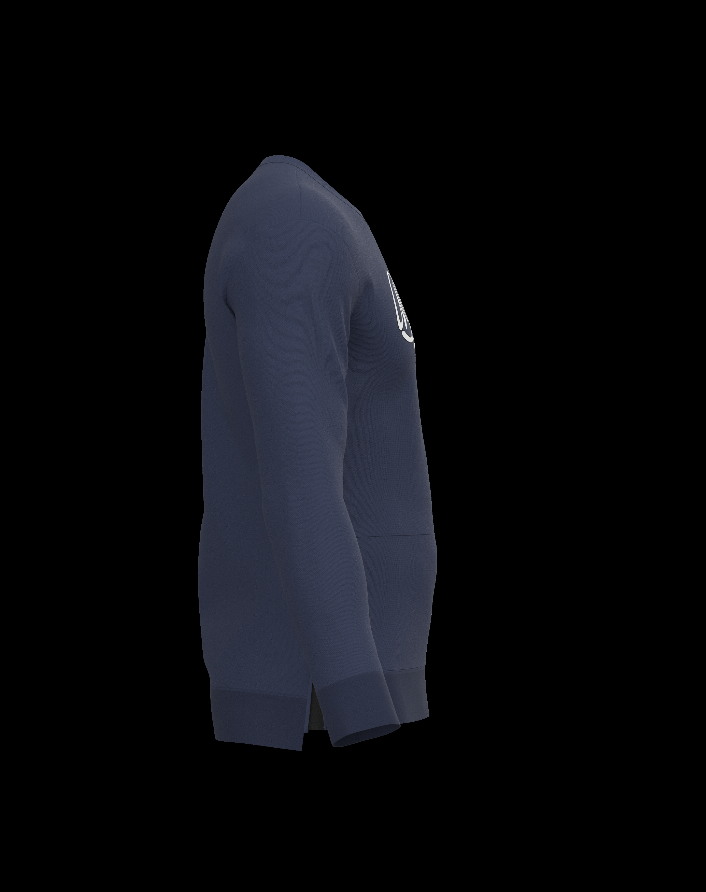 Navy long-sleeve sweatshirt, side view with small sleeve logo detail