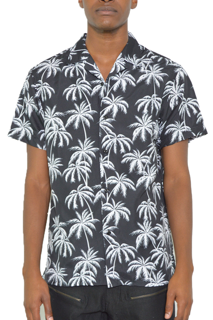 Men's short-sleeve button-up shirt, white palm print on dark background