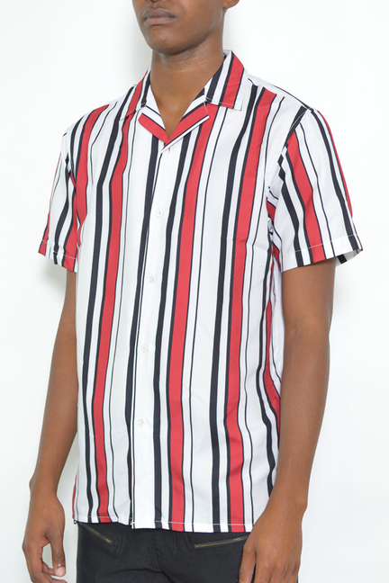 Men's striped button-up shirt, short sleeves, red, white, and dark vertical stripes