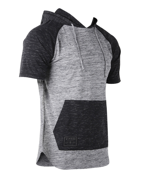 ZIMEGO men's raglan hoodie with short sleeves, heather gray body and dark chest panel