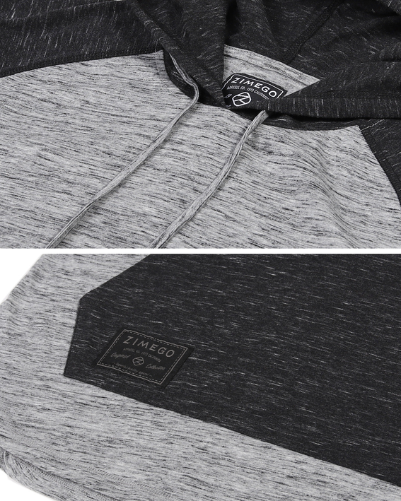 ZIMEGO logo patch on dark color block panel of short-sleeve raglan hoodie