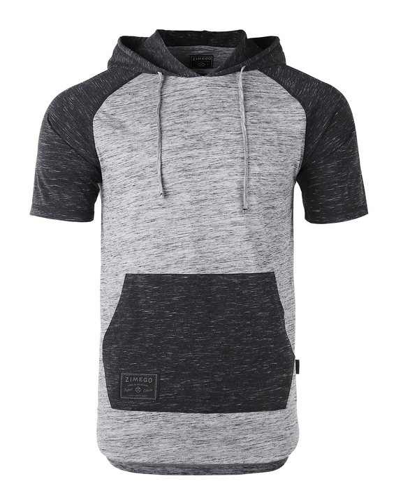 ZIMEGO men's raglan hoodie with curved hem, short sleeves, gray with dark front pocket