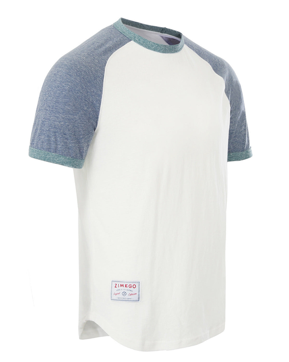 Men's raglan ringer T-shirt three-quarter view; white body, blue sleeves, teal neckline