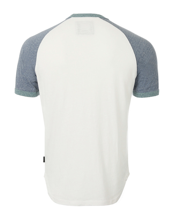 Men's raglan ringer T-shirt back view with white body, blue sleeves, teal contrast collar