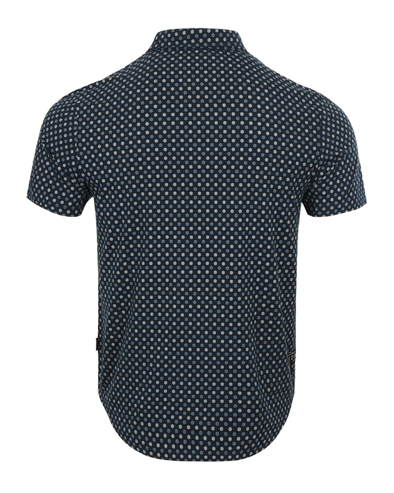 Men's navy dot-print short-sleeve polo shirt, back view