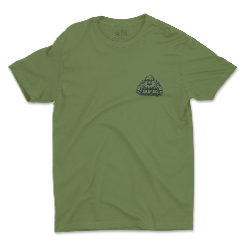 Green crewneck T-shirt with small blue Bigfoot graphic on left chest