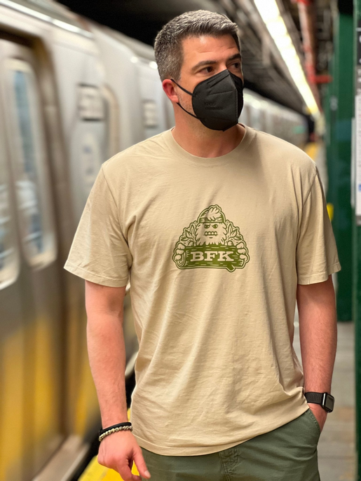 Latte crew-neck T-shirt with BFK bigfoot logo graphic on chest