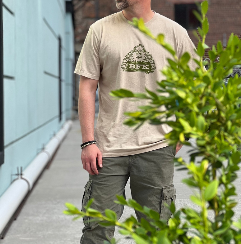 Latte short-sleeve T-shirt with BFK bigfoot logo graphic, crew neck