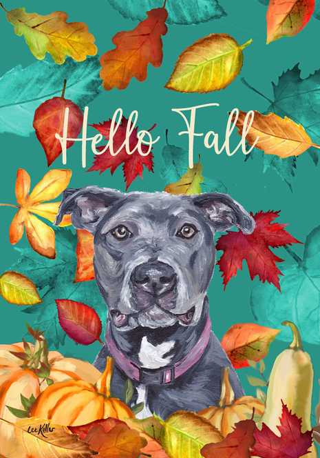 Autumn house garden flag featuring a gray dog face and Hello Fall text with colorful leaves
