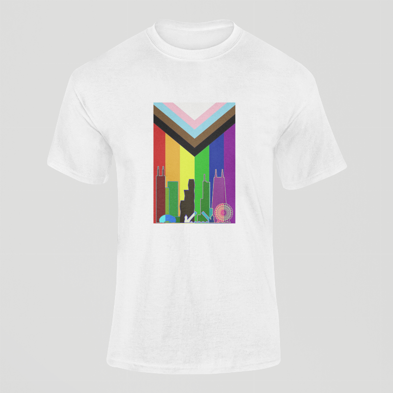 White crewneck tee with centered rainbow chevron skyline graphic