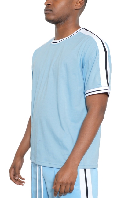 Light blue side-stripe T-shirt with black vertical stripes and white ribbed trim