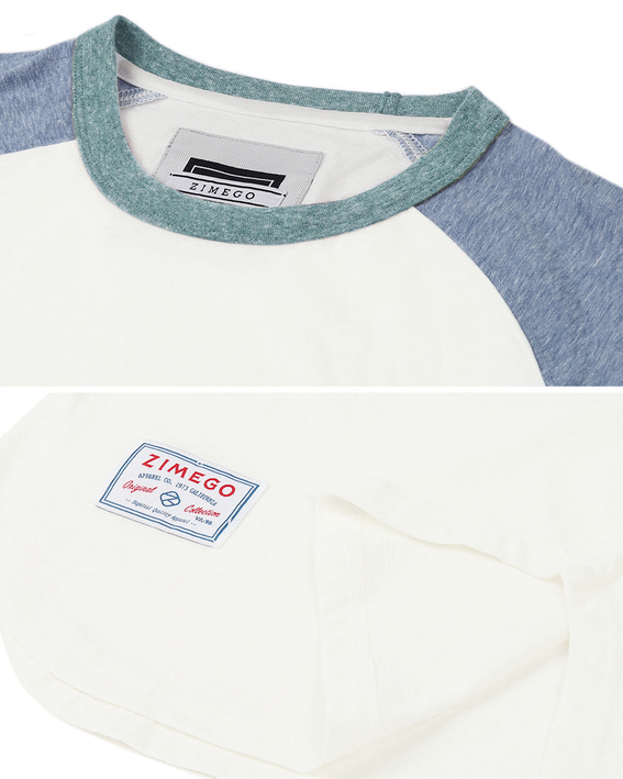 Raglan ringer T-shirt collar and logo patch detail, white body with blue heather trim