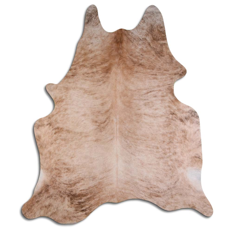 Natural cowhide rug with beige and tan brindle fur, irregular hide shape