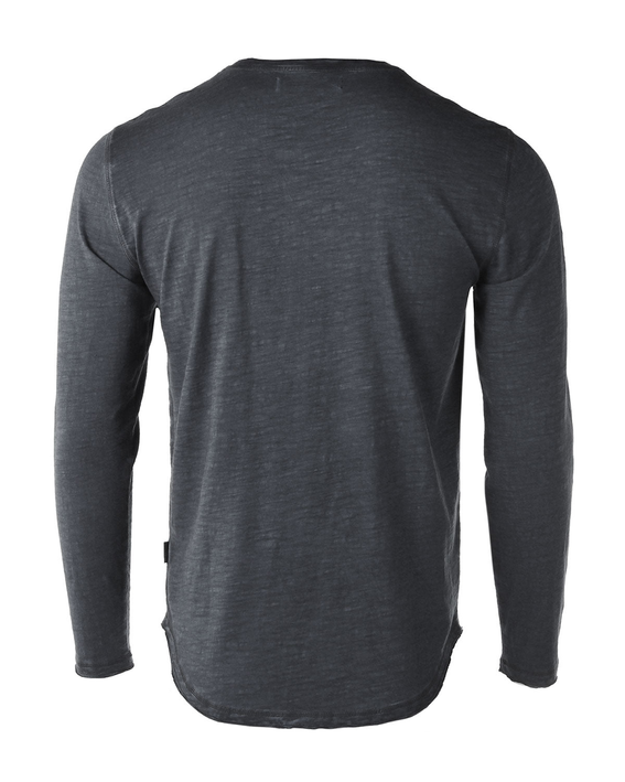 Men's dark gray long-sleeve crewneck T-shirt with raw-edge hem and oil-wash finish