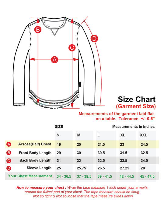 Long-sleeve crewneck T-shirt size chart with measurement arrows and garment outline