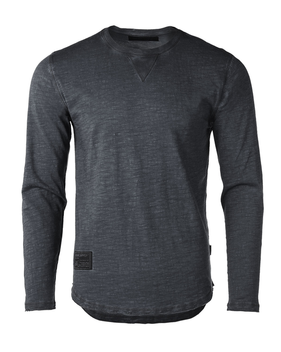 Men's dark gray long-sleeve crewneck T-shirt with raw-edge hem and small logo tag